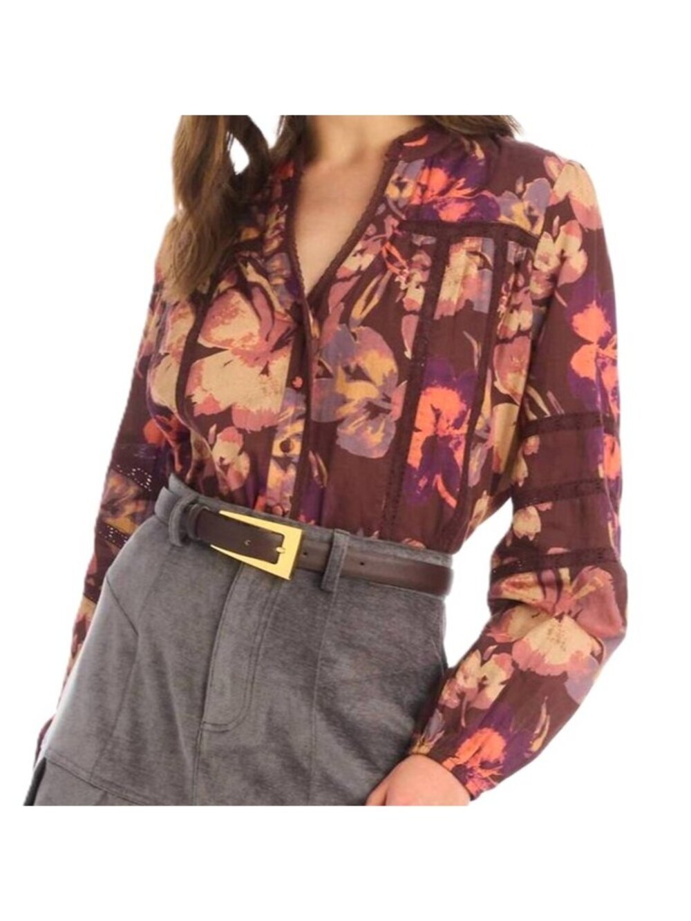 Allison New York Maya Long Sleeve Blouse Brown Floral Size Extra Small New